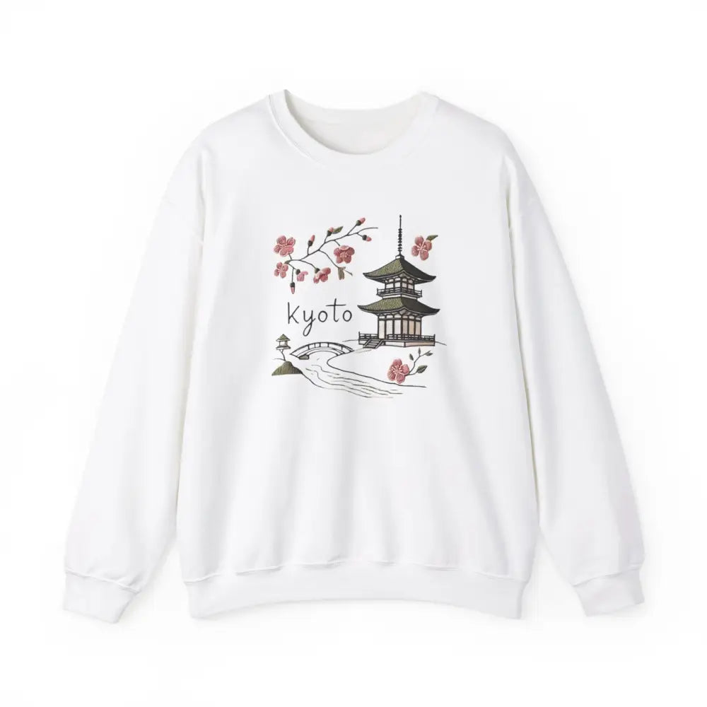 White Beautiful Kyoto pagoda crewneck on model – Japanese travel graphic sweatshirt