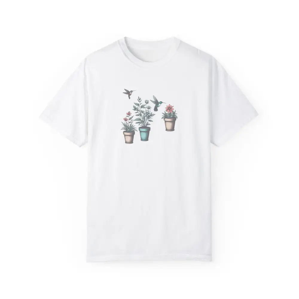 White Hummingbirds Comfort Graphic Tee with hummingbird and potted plant print
