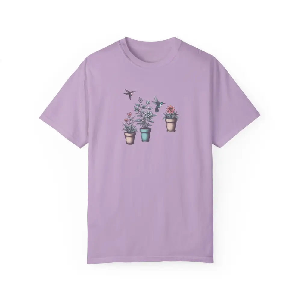 Light purple Hummingbirds Comfort tee with plants and birds graphic