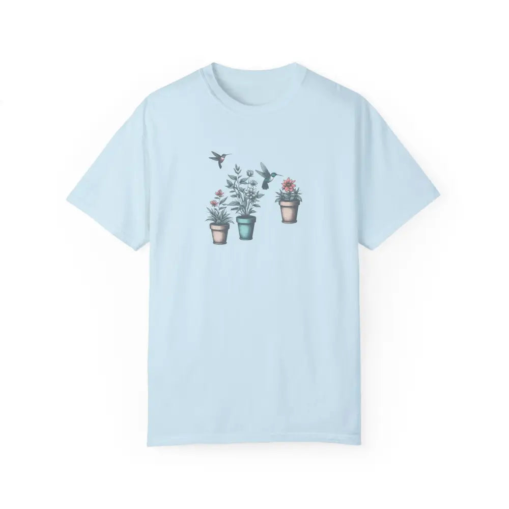 Light blue hummingbirds comfort graphic tee with potted plants