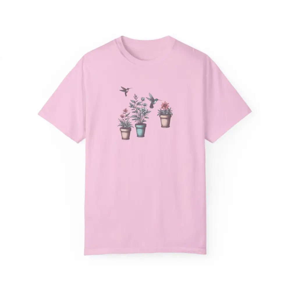 Pink Hummingbirds Comfort Graphic Tee with potted plants and birds