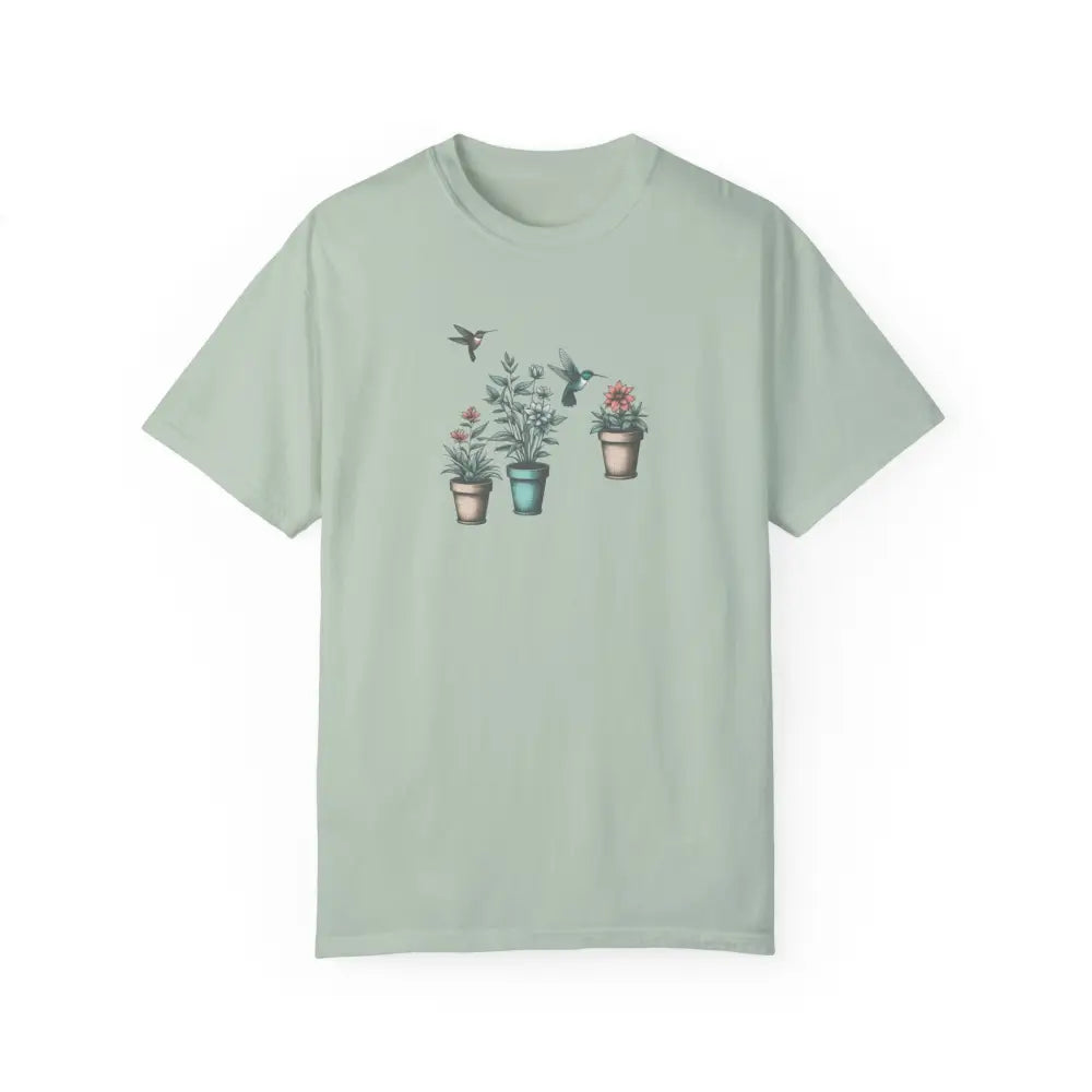 Light green hummingbirds comfort tee with potted plant graphic