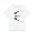 White short-sleeved reflection graphic t-shirt with beautifully detailed heron