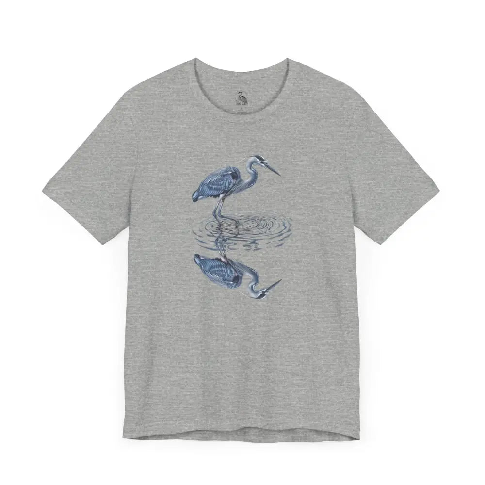 Gray short-sleeved reflection graphic t-shirt with beautifully detailed heron