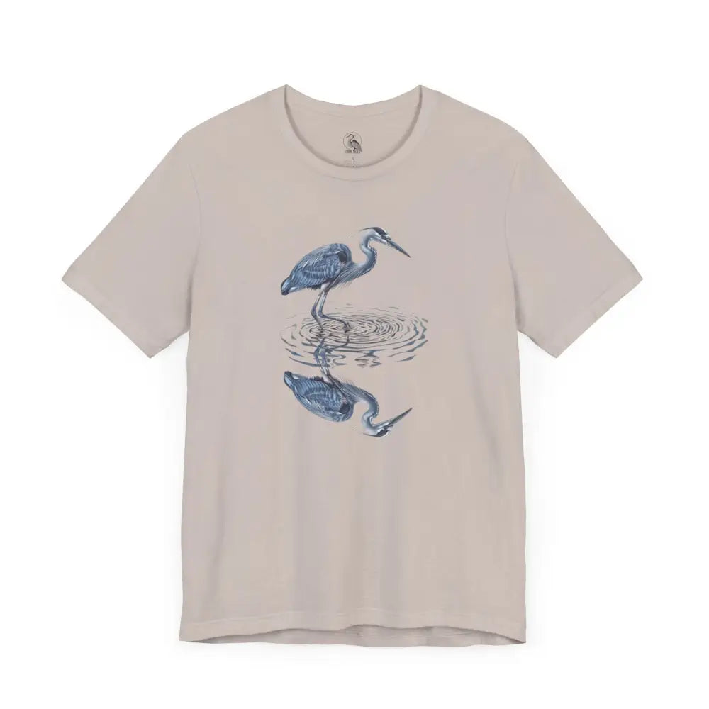 Light tan short-sleeved beautifully detailed heron reflection graphic t-shirt