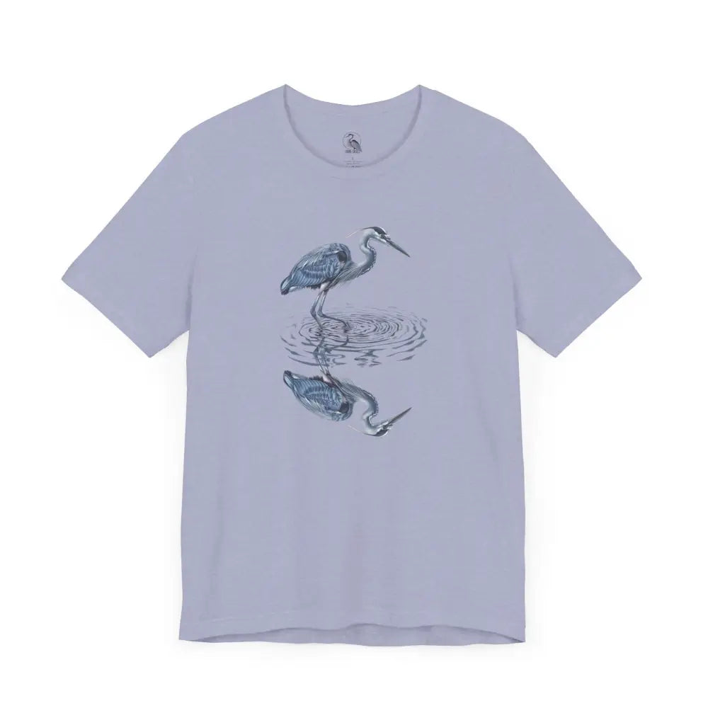 Light purple heron with reflection graphic t-shirt by Trini Skies Supply