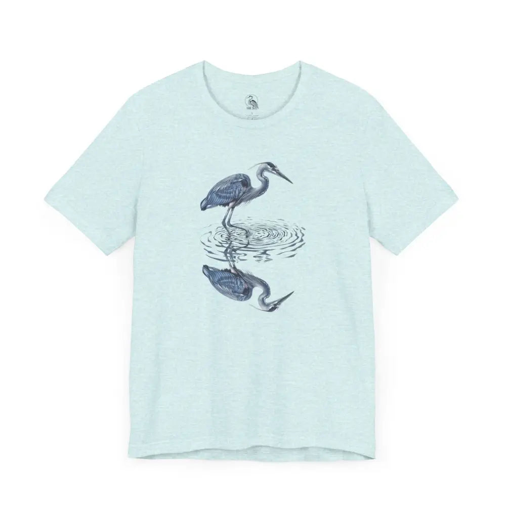 Light blue heron with reflection graphic t-shirt by Trini Skies Supply