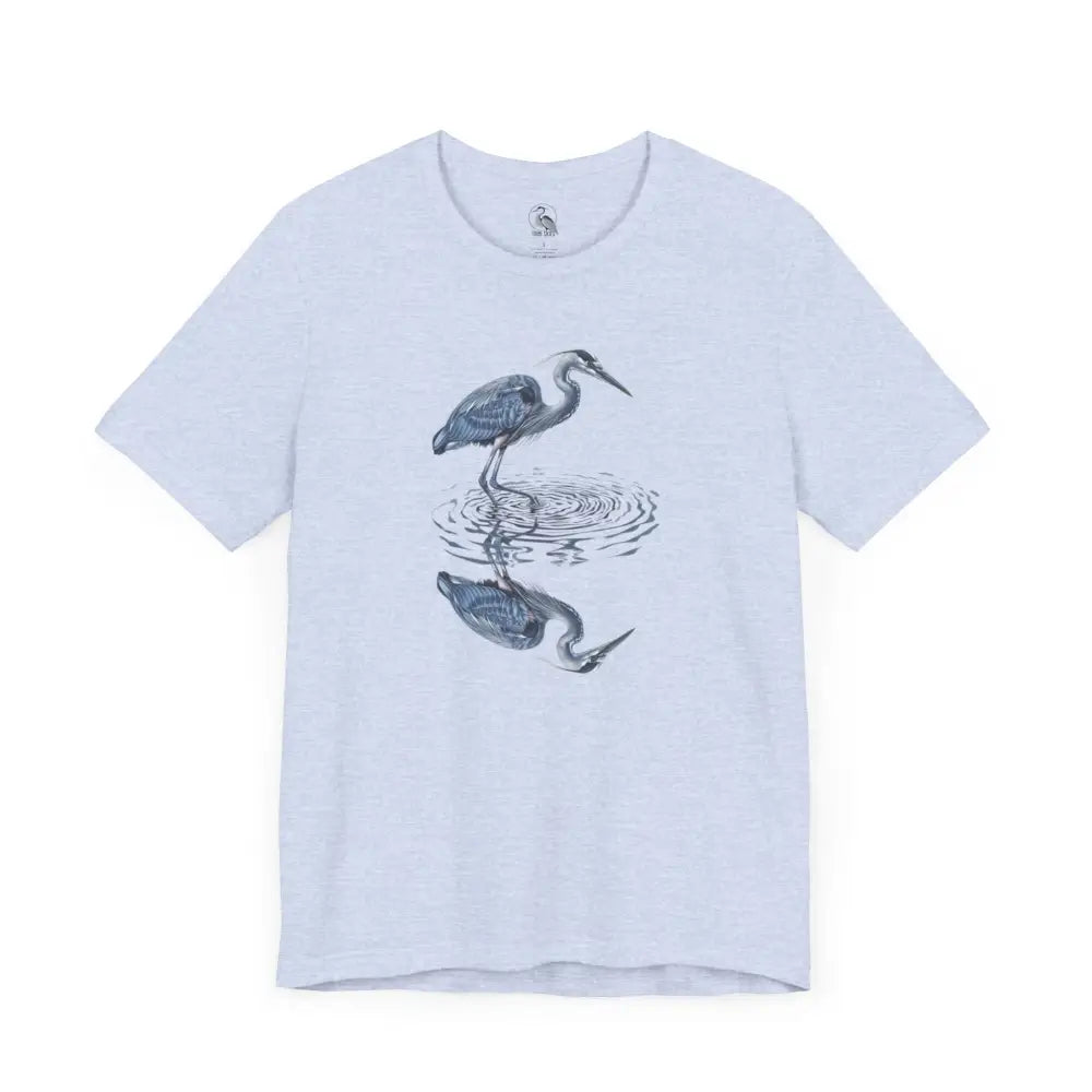 Light blue heron with reflection graphic t-shirt by Trini Skies Supply