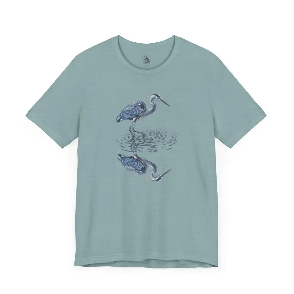 Light teal Heron With Reflection graphic t-shirt by Trini Skies Supply