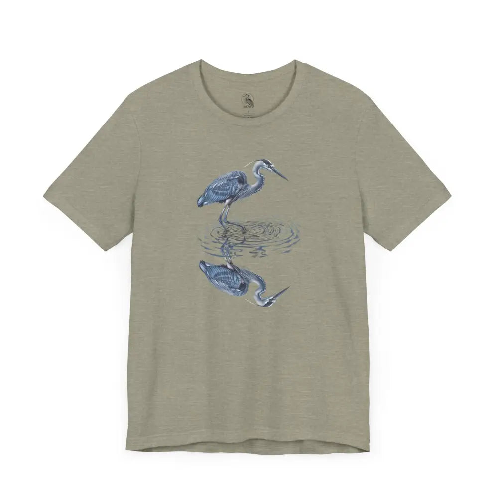 Khaki green reflection graphic t-shirt with beautifully detailed heron