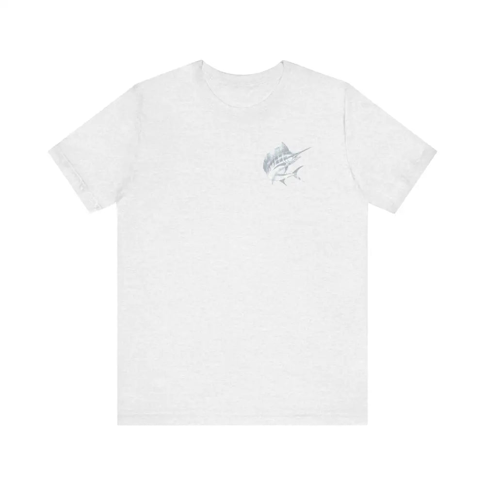 White Big Game Fishing Marlin graphic tee with fish on chest