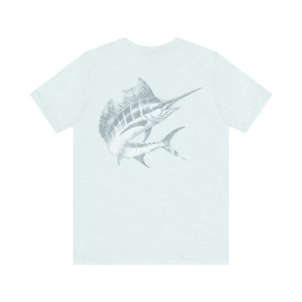 White Big Game Fishing Marlin Graphic Tee on cotton crew neck