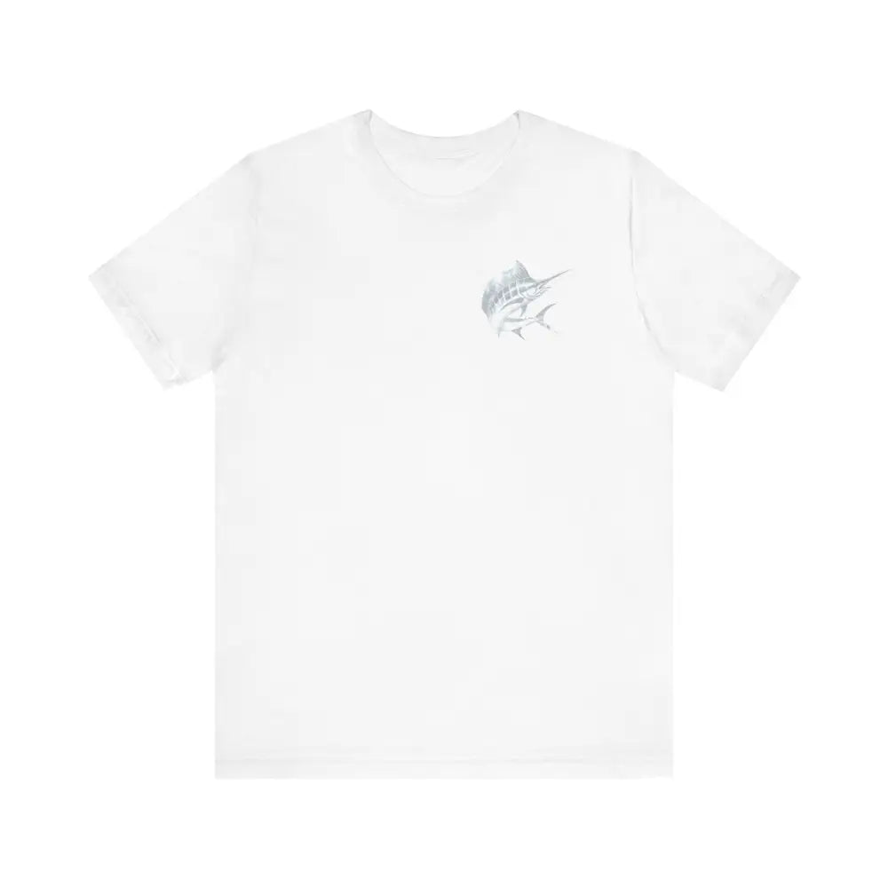 White short-sleeve Big Game Fishing Marlin graphic tee with marlin and mahi-mahi fish