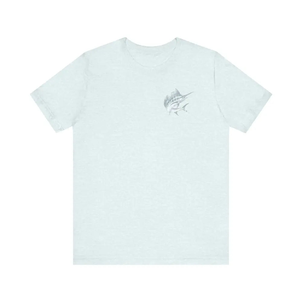 Light blue Big Game Fishing Marlin graphic tee with grey fish