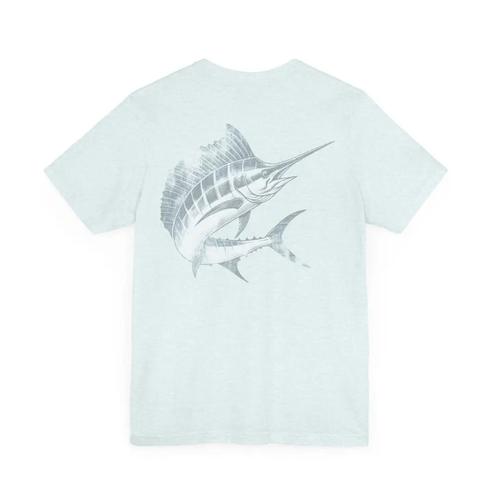 Light blue Big Game Fishing Marlin graphic tee with tuna on back