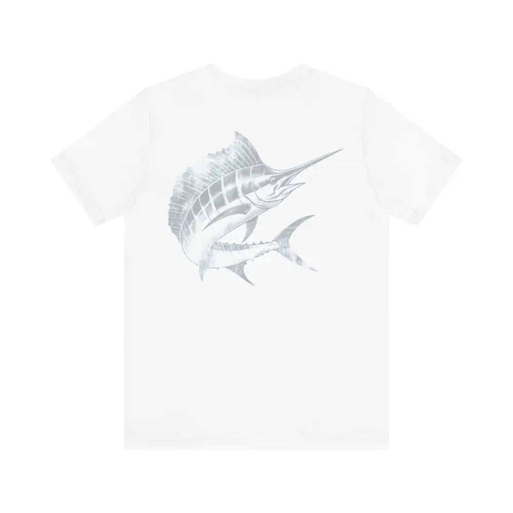 White short-sleeve game fishing marlin tee with gray graphic on back