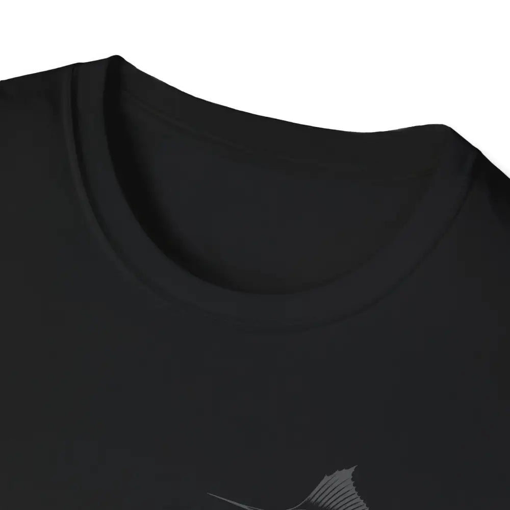 Black big game fishing t-shirt with subtle gray marlin fin graphic