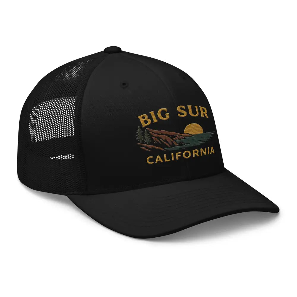 Black mesh-back Yupoong snapback embroidered trucker hat with Big Sur California design