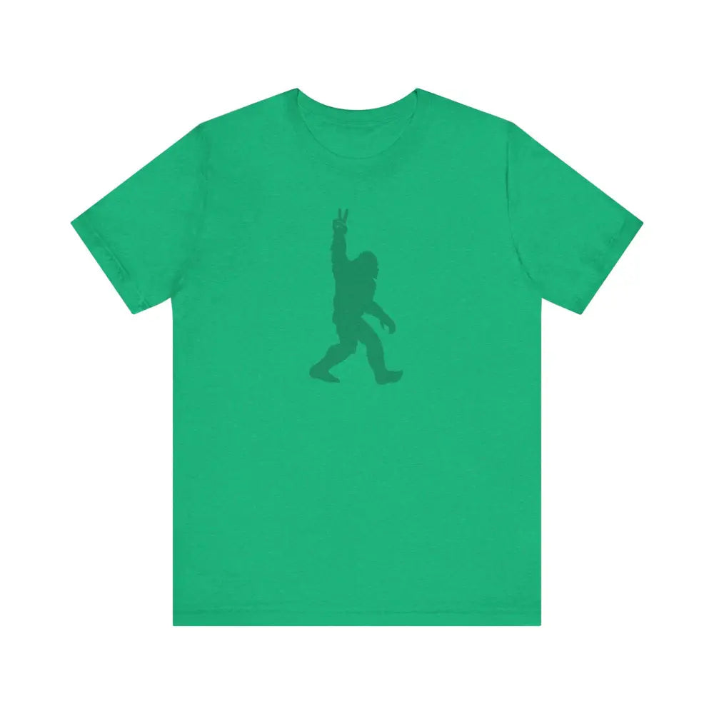 Bigfoot Legendary Journey green tee with peace sign silhouette