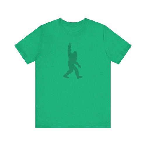 Bigfoot Legendary Journey green tee with peace sign silhouette