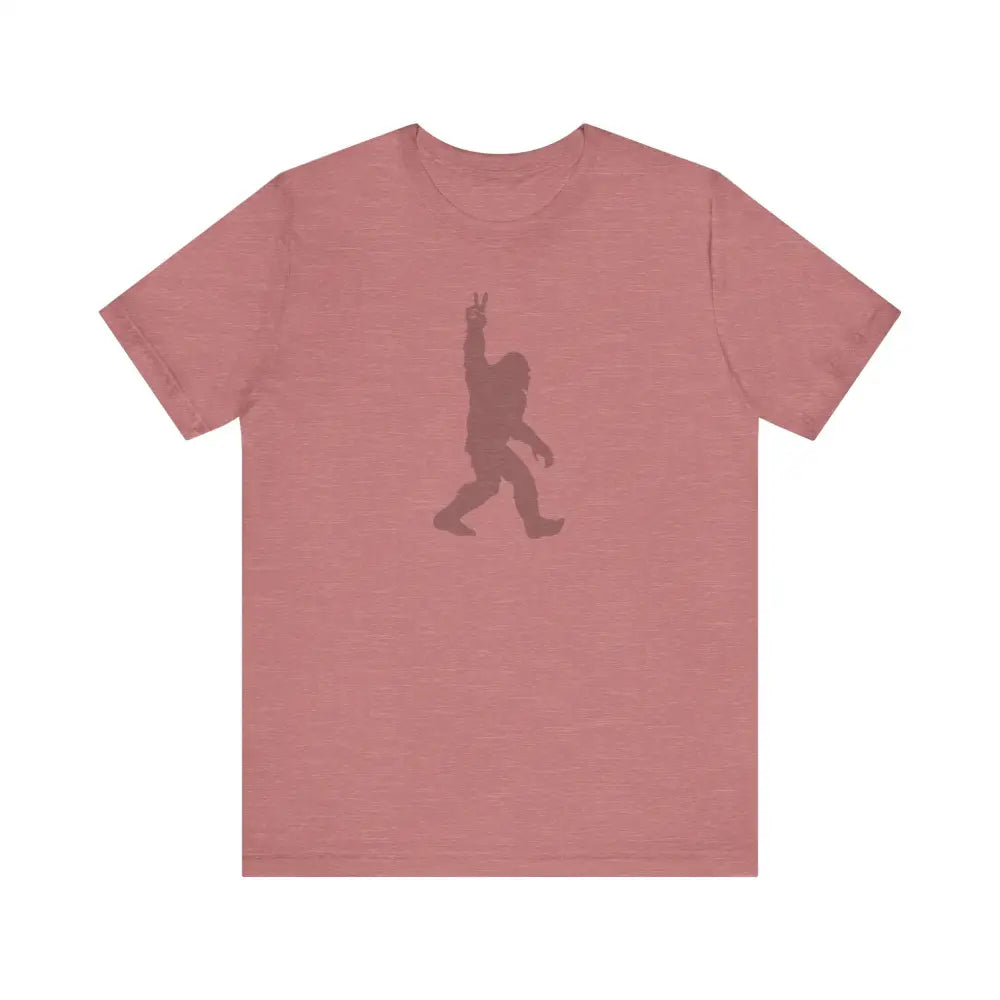 Dusty rose Bigfoot peace sign tee in Legendary Journey cotton