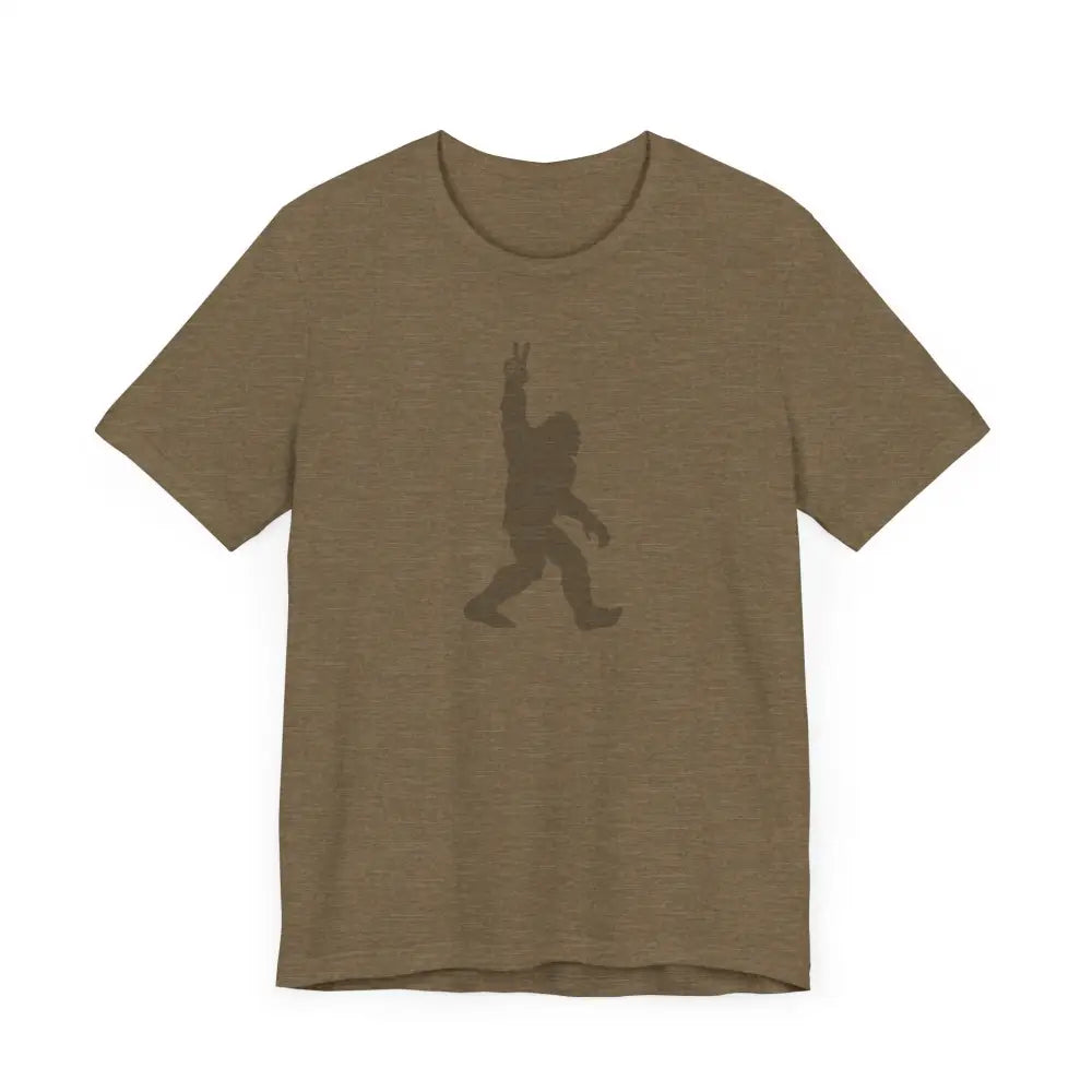 Olive green Bigfoot legendary journey tee with peace sign silhouette