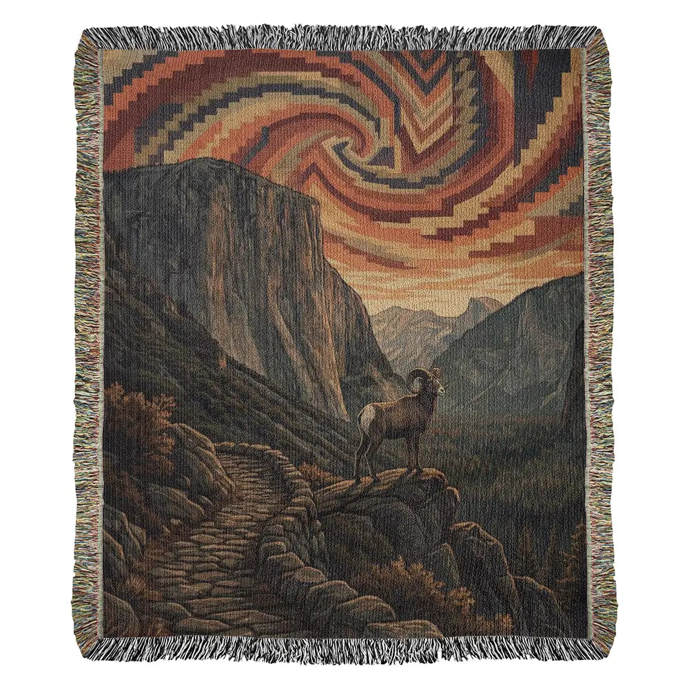 Bighorn sheep woven cotton blanket with mountain wildlife throw design