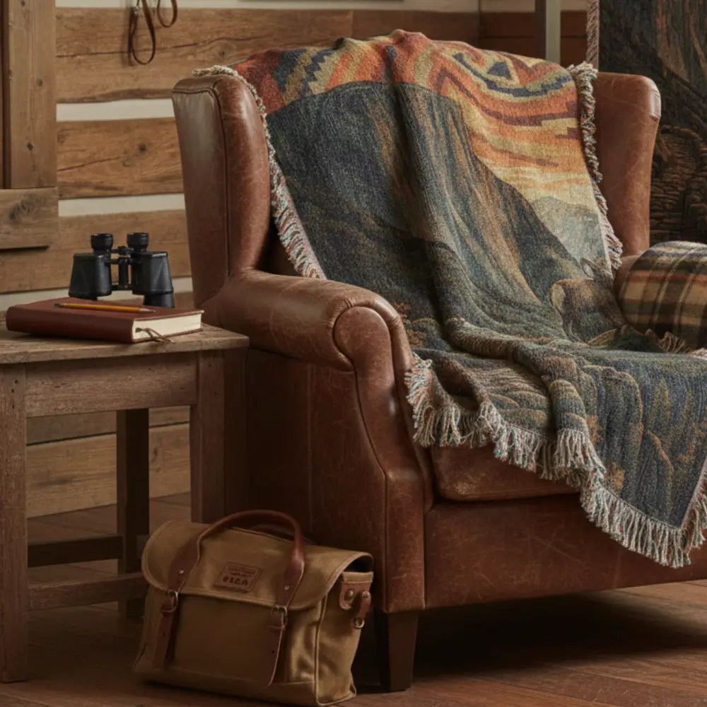 Bighorn sheep woven cotton blanket on brown leather armchair
