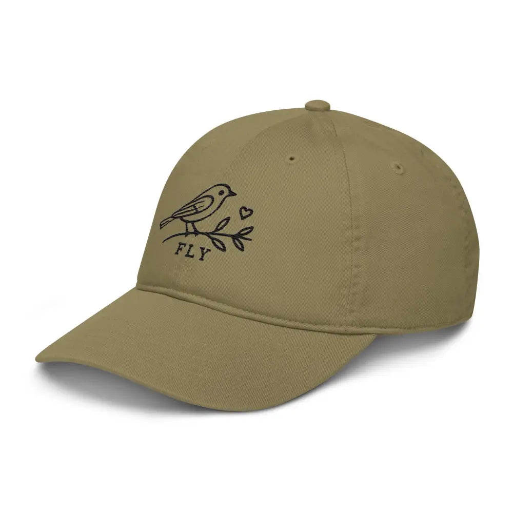 Olive green cotton dad hat with Trini Skies black bird embroidery