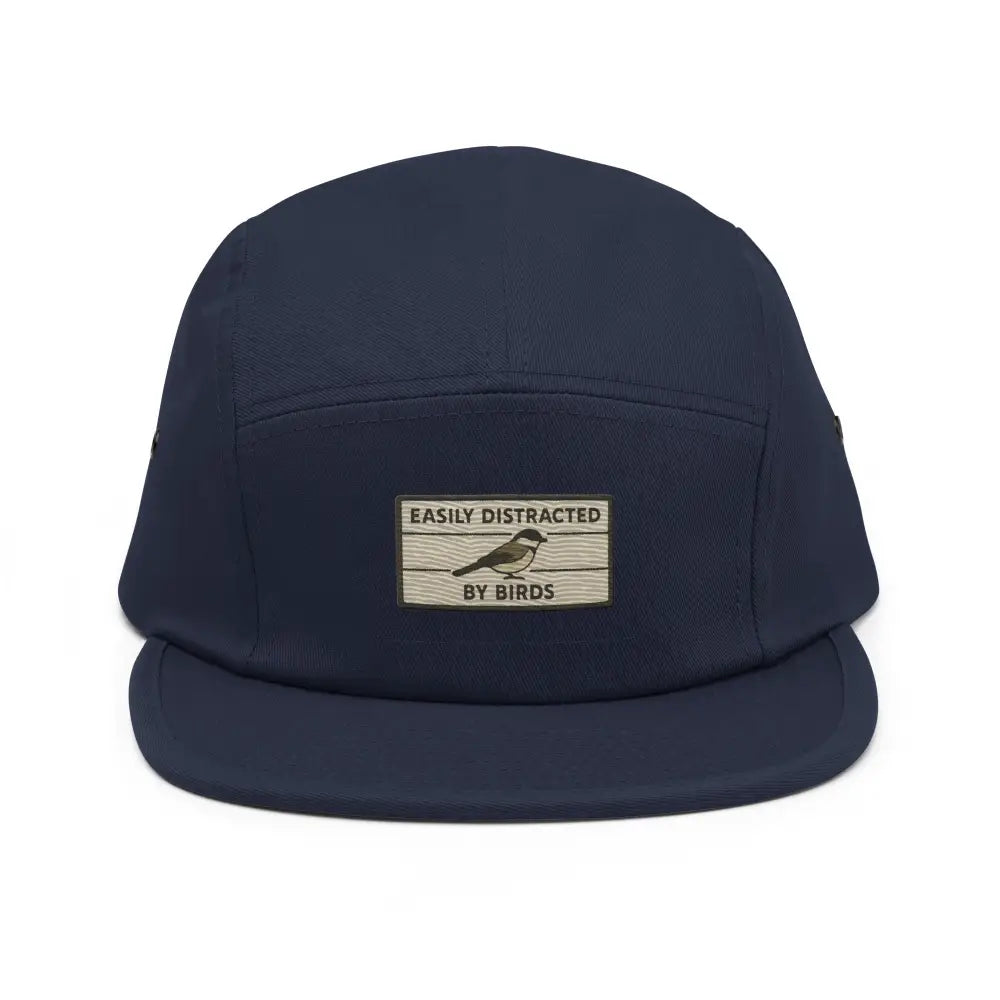 Dark blue five-panel camping cap with embroidered bird hat, nylon strap clip closure