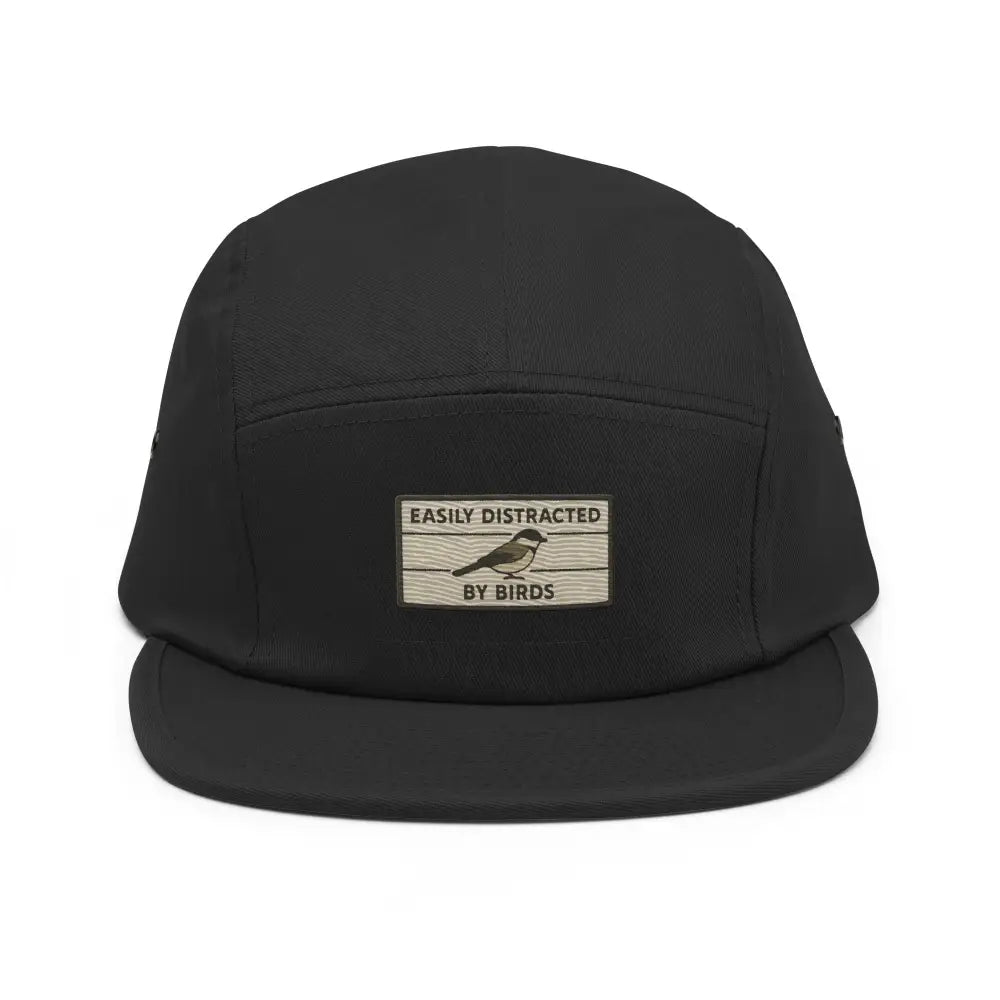 Black embroidered bird hat five panel camping cap nylon strap clip closure