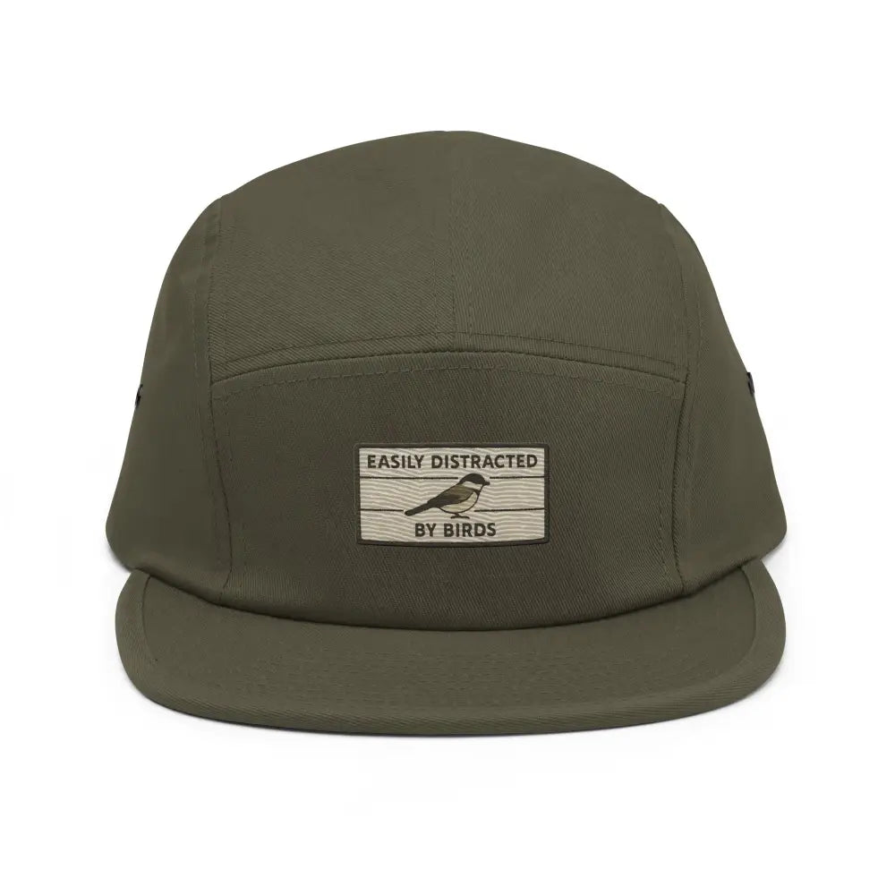 Olive green embroidered bird hat five panel camping cap nylon strap clip closure