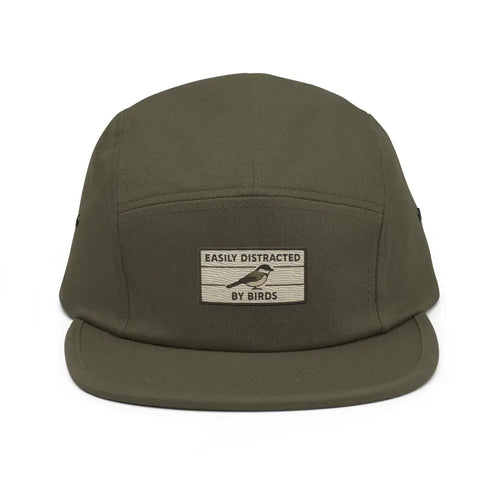 Olive green embroidered bird hat five panel camping cap nylon strap clip closure