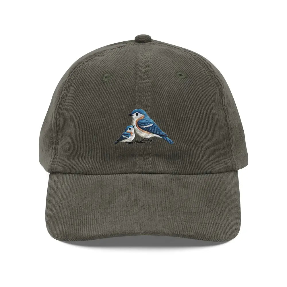 Bird vintage corduroy hat with embroidered blue bird design