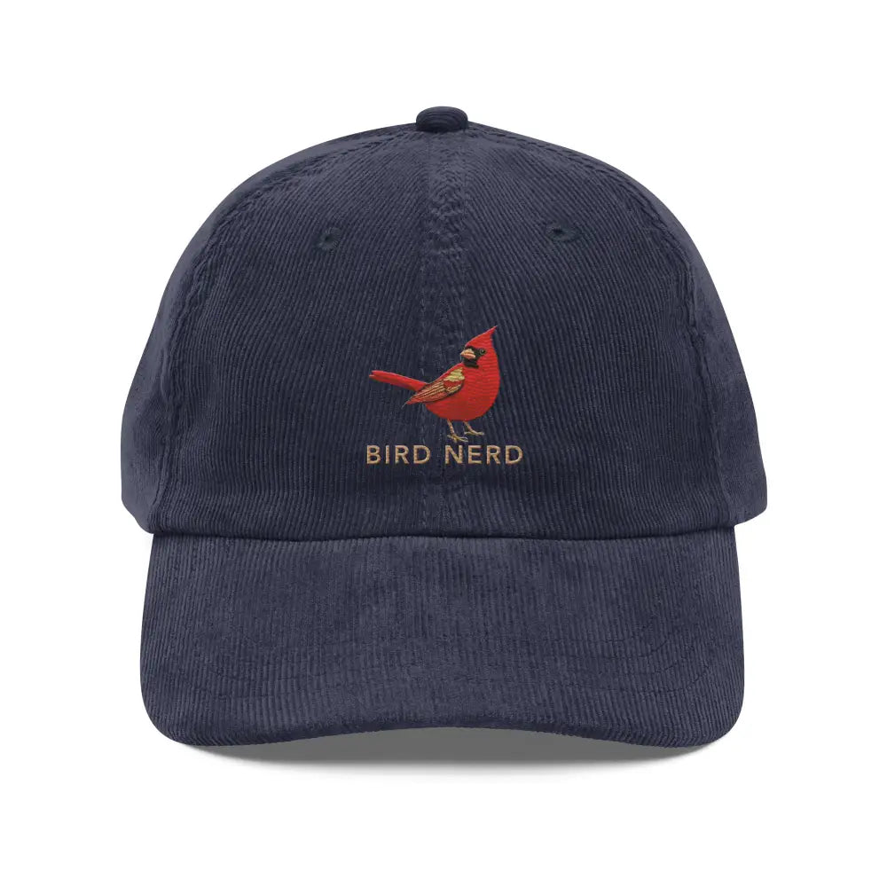 Bird Nerd Embroidered Vintage Corduroy Cap in Navy Blue with Red Cardinal by Trini Skies