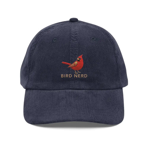 Bird Nerd Embroidered Vintage Corduroy Cap in Navy Blue with Red Cardinal by Trini Skies