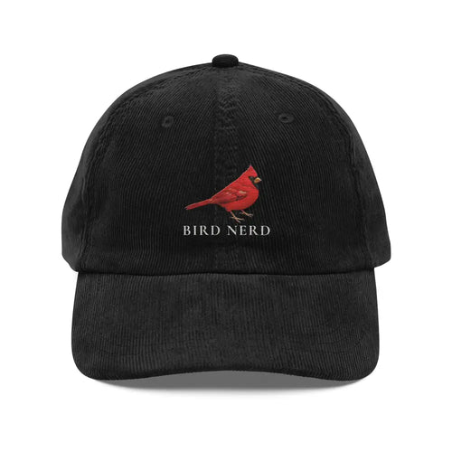 Bird Nerd embroidered vintage corduroy cap with red cardinal