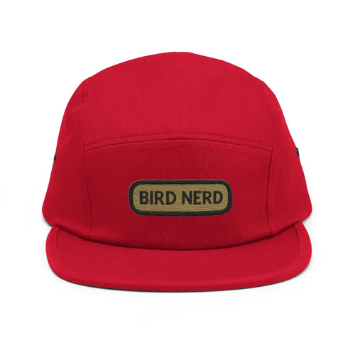 Red embroidered corduroy bird nerd camper cap from Trini Skies Supply