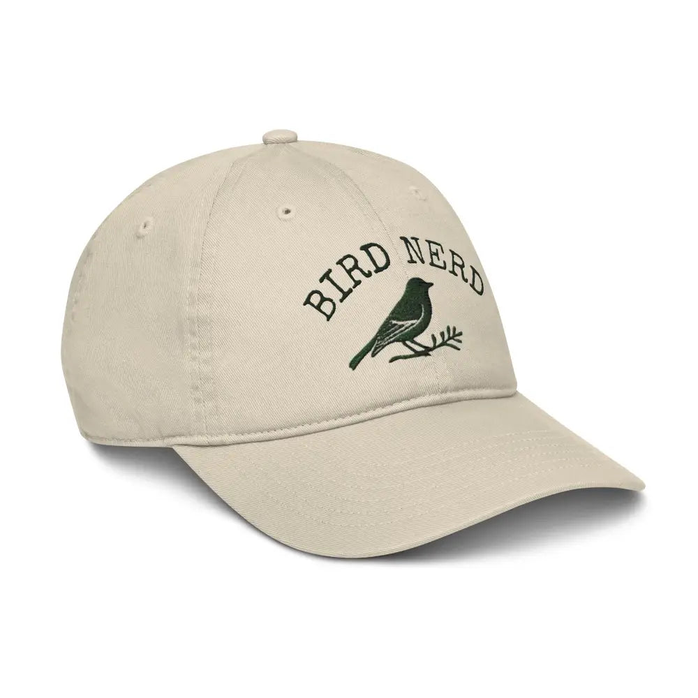 Bird Nerd embroidered dad cap with green bird on beige organic cotton