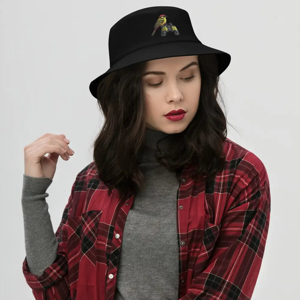 Bird watcher bucket hat with Trini Skies embroidered bird and binoculars