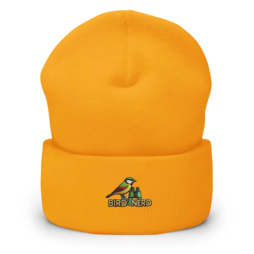 Yellow knit Bird Nerd cuffed beanie for wildlife nerds