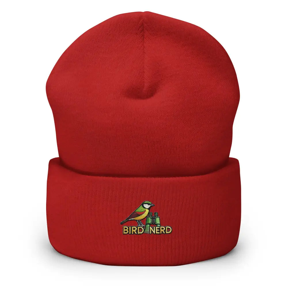 Red knit nerd cuffed beanie with embroidered bird and binoculars