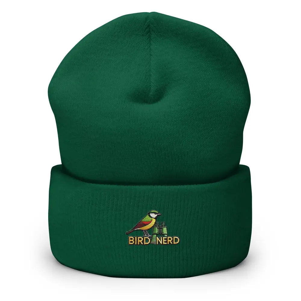 Dark green nerd cuffed beanie with bird and binoculars embroidery