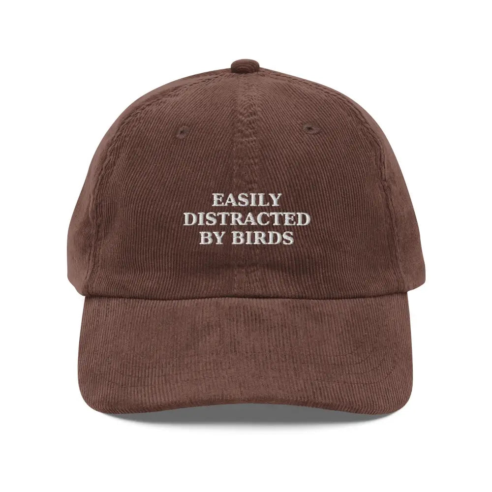 Birds Vintage Corduroy Embroidered Hat in brown with white text