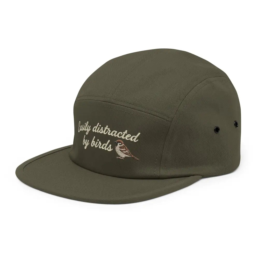 Olive green birdwatcher camper hat with birds direct embroidery