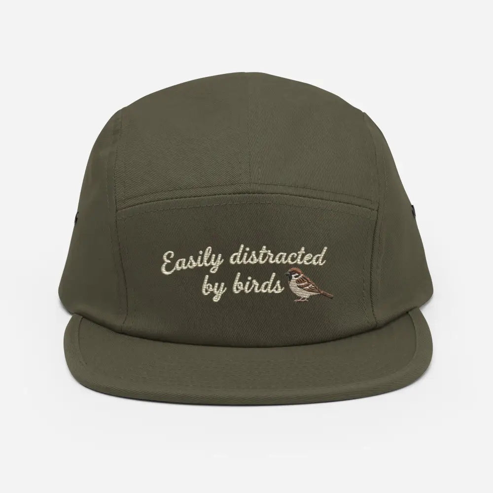 Olive green birdwatcher camper hat with birds direct embroidery and bird lovers gift design