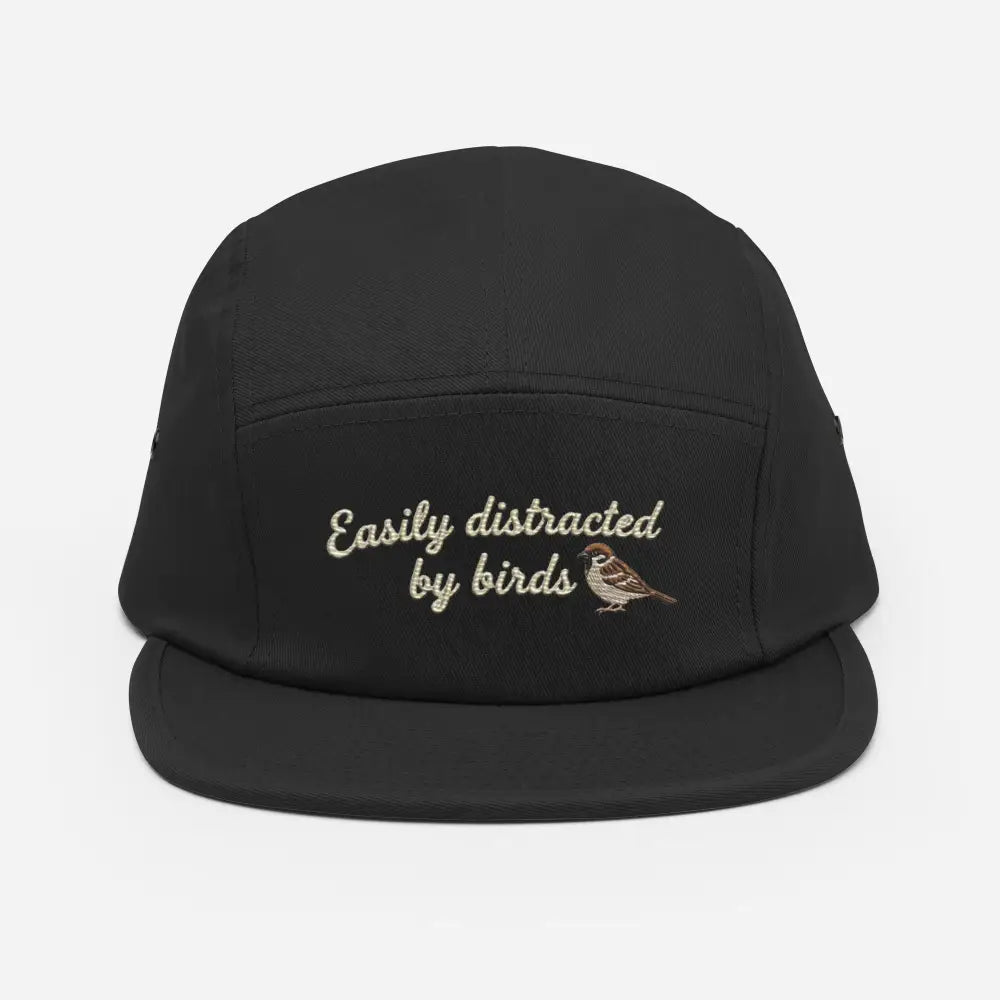 Black birdwatcher camper hat with birds direct embroidery and bird lovers gift design