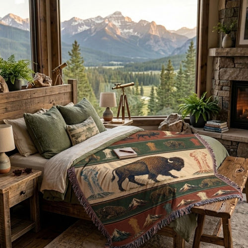 Bison Cotton Woven Throw Blanket in Yellowstone Lamar Valley design draped at the foot of a bed near a window with a mountain view, showing rust, hunter green, and ivory woven pattern — Trini Skies