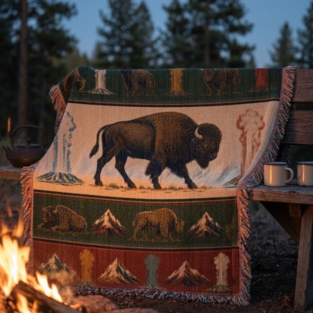 Bison Cotton Woven Throw Blanket in Yellowstone Lamar Valley design hanging on a wooden rack outdoors among pine trees, showing the full bison, geyser, and mountain woven pattern — Trini Skies