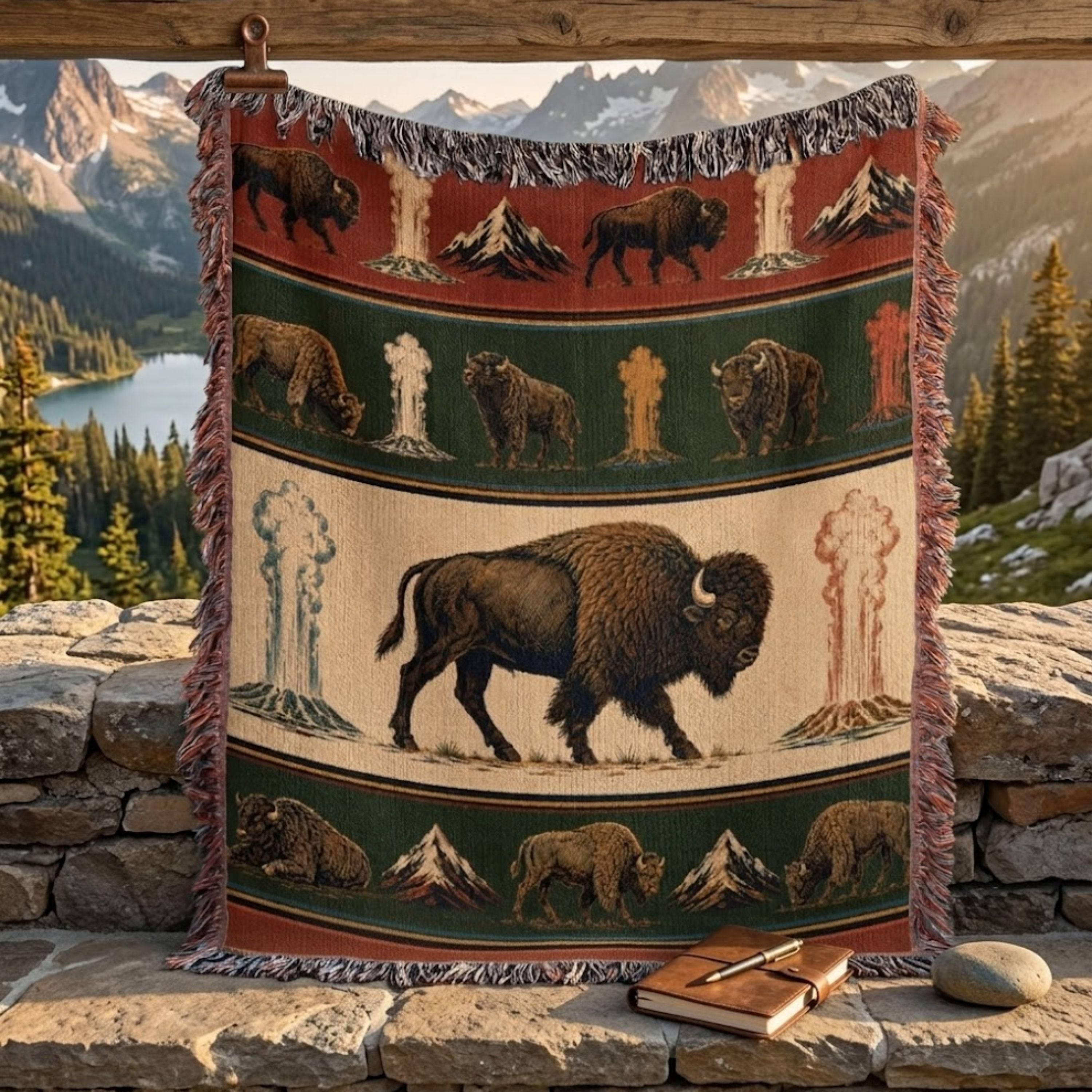 Bison Cotton Woven Throw Blanket in Yellowstone Lamar Valley design hanging on a wooden rack with mountain peaks in the background, showing the woven bison and geyser pattern — Trini Skies